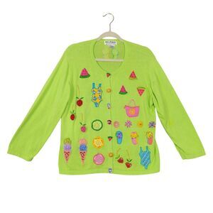 JACK B QUICK Green Novelty Beach Fruit Summer Themed Cardigan SIZE LARGE